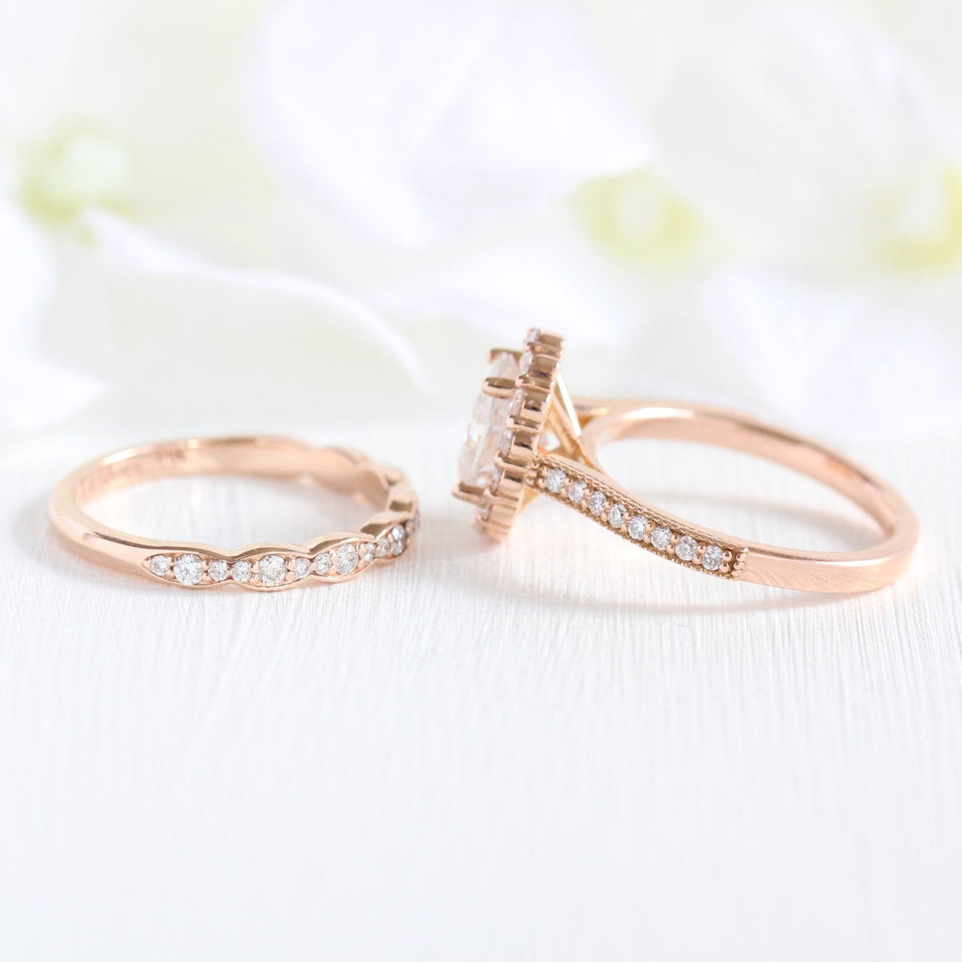 1.50ct Oval Cut Moissanite Halo Ring With Unique Matching Wedding Band