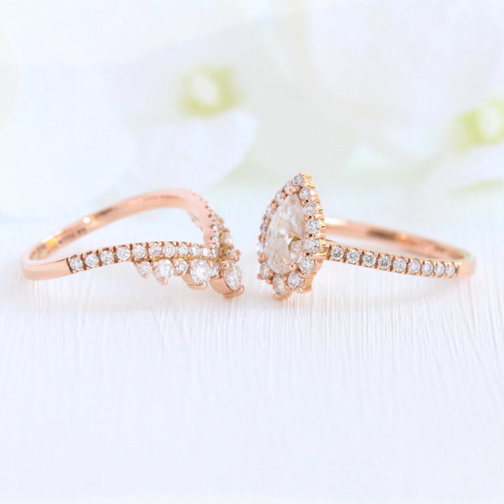 Tiara Halo Pave Bridal Set With Pear Moissanite and Tiara Diamond Band
