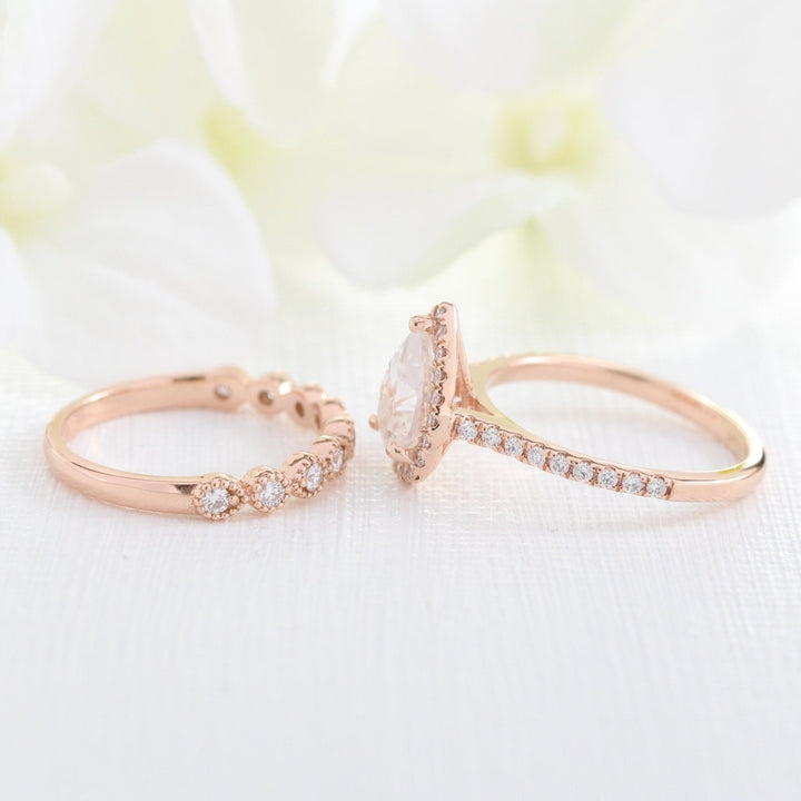 Pear Halo Pave Moissanite Ring With Milgrain Band Ring