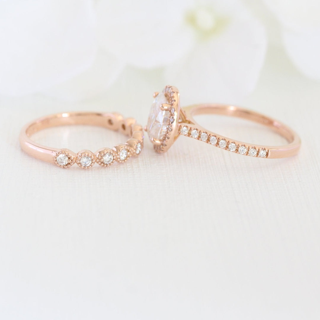 Oval Cut Halo Moissanite Ring With Milgrain Diamond Band