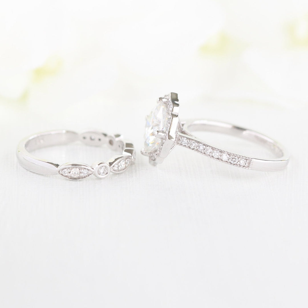 Vintage Floral Cushion Cut Bridal Set With Moissanite Milgrain Band