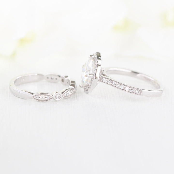 Vintage Floral Cushion Cut Bridal Set With Moissanite Milgrain Band