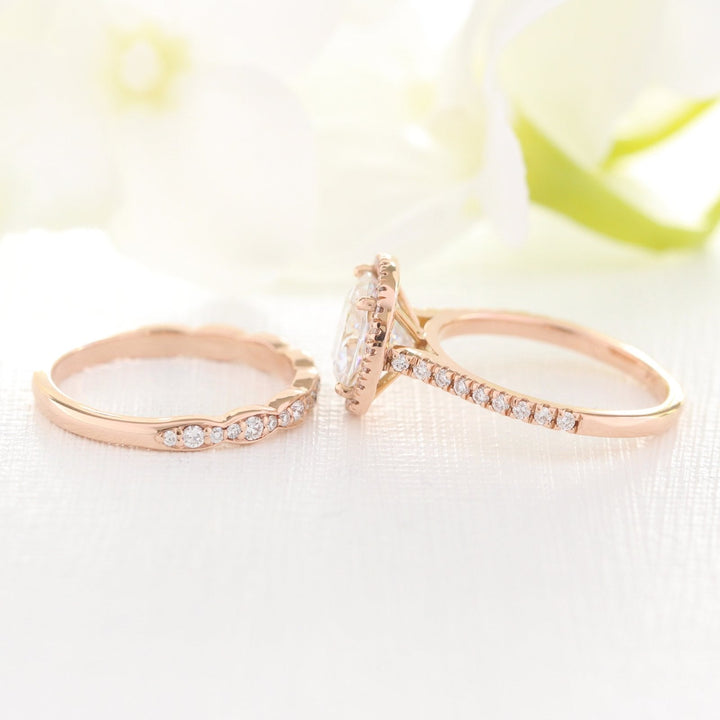 Cushion Halo Pave Moissanite Ring With Scalloped Diamond Band