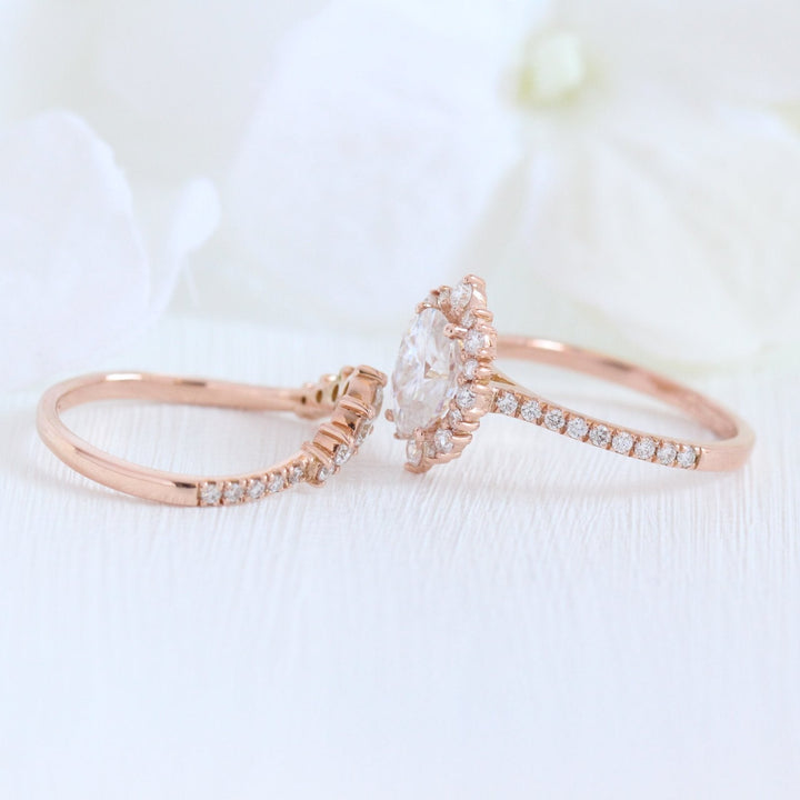 Oval cut moissanite with halo bridal band set 14k in rose gold