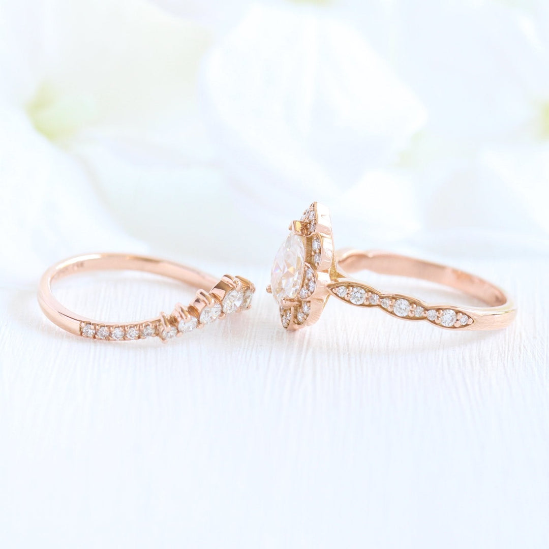 Pear cut moissanite with bridal band set 14k in rose gold