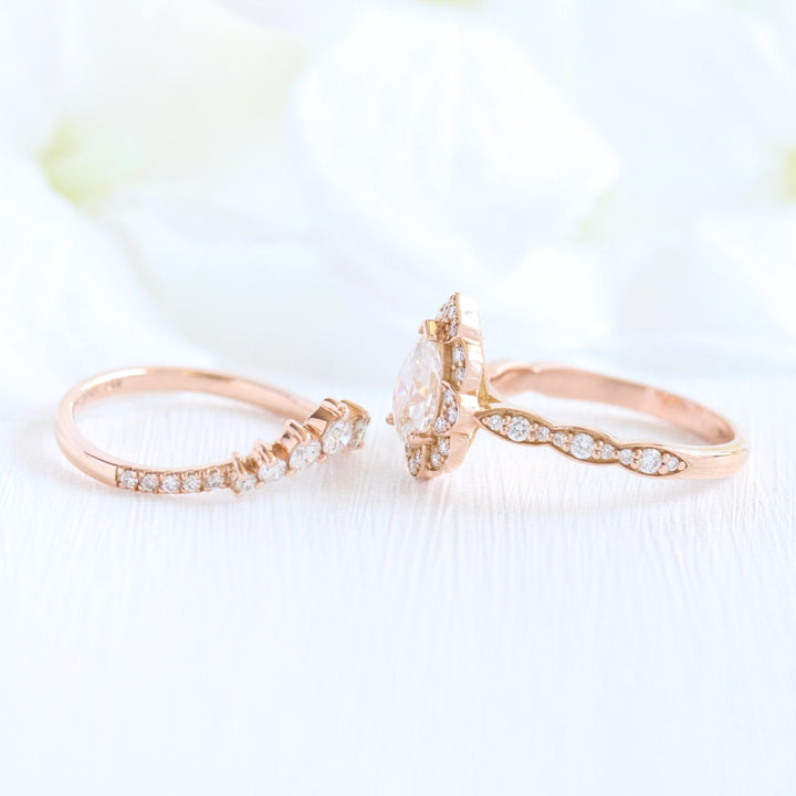 Pear cut moissanite with bridal band set 14k in rose gold