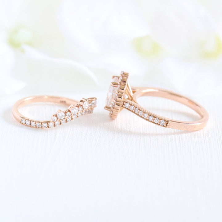 1.5ct Oval Cut Moissanite Halo Engagement Ring With Crown Wedding Band