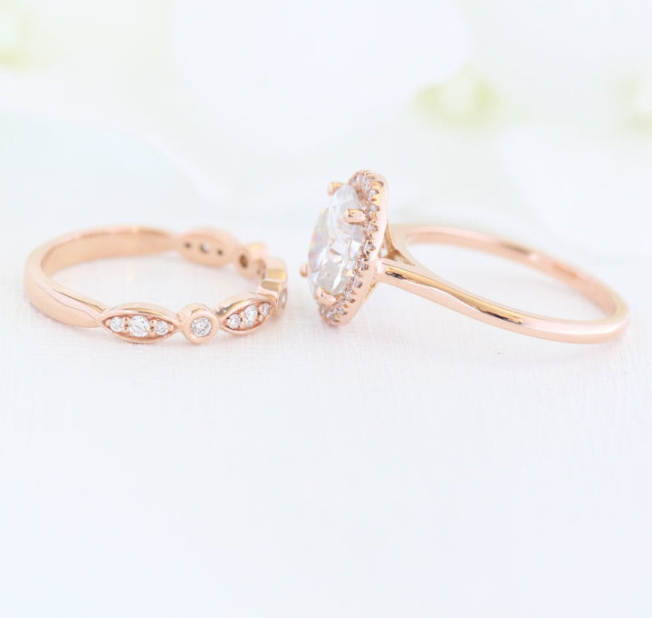 2.0ct Oval Moissanite Halo Engagement Ring with Bezel Diamond Band