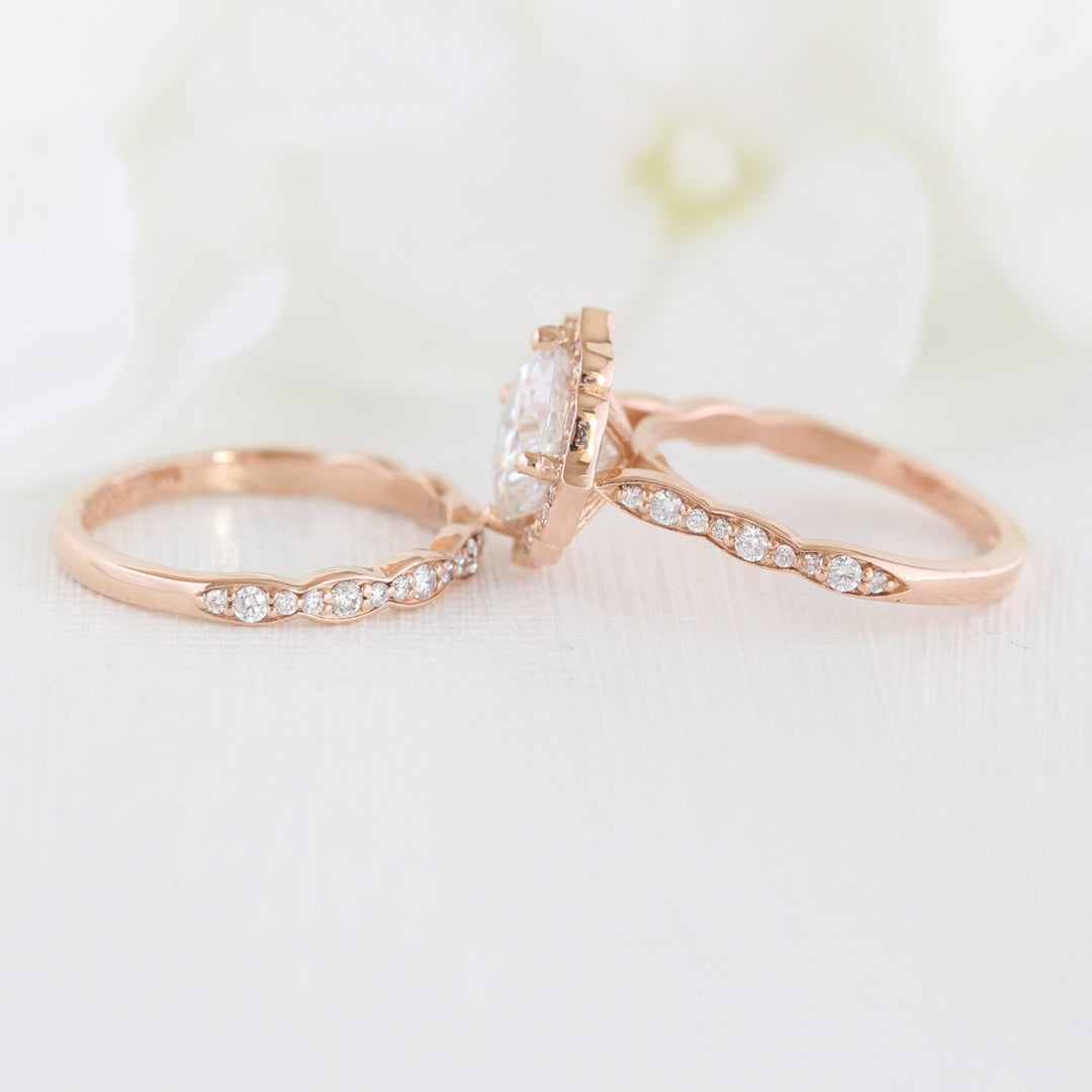 Round Floral moissanite with bridal band set 14k in rose gold