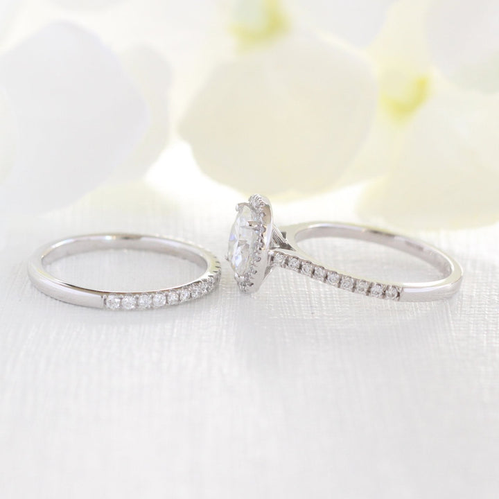 Cushion Cut Halo Pave Moissanite Ring With Diamond Band Ring