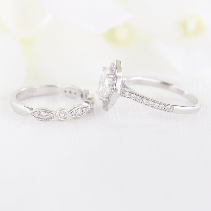 Oval Cut Floral Moissanite Ring With Bezel Diamond Band Ring