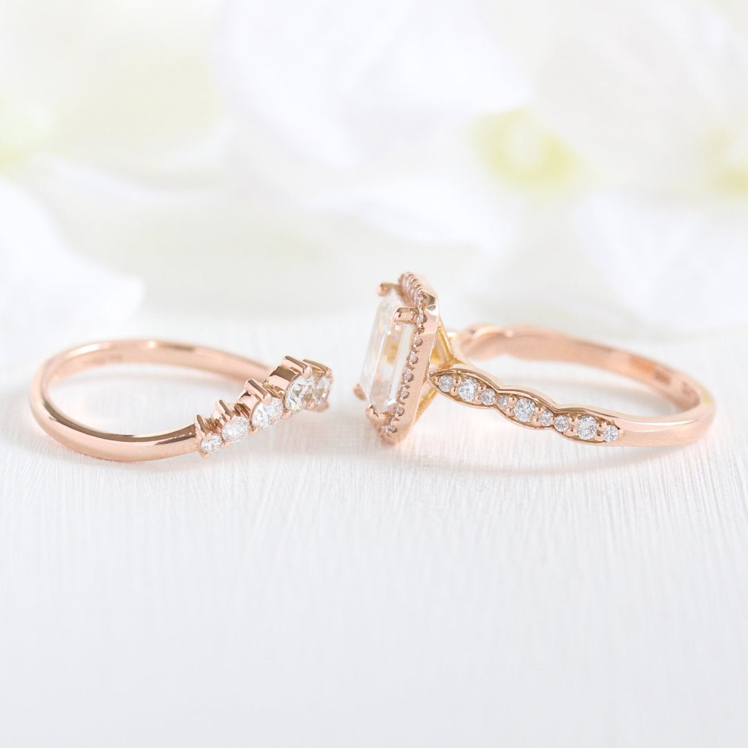 1.60ct Emerald Cut Moissanite Halo Ring With Curved Matching Band