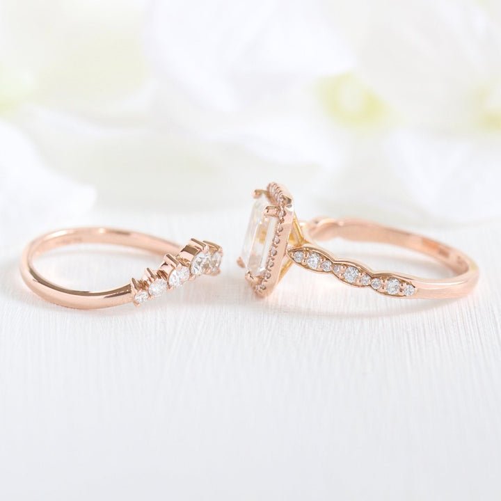 1.60ct Emerald Cut Moissanite Halo Ring With Curved Matching Band