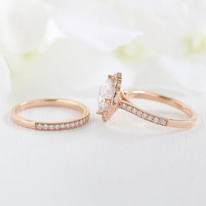 Cushion cut moissanite with bridal band set 14k in rose gold