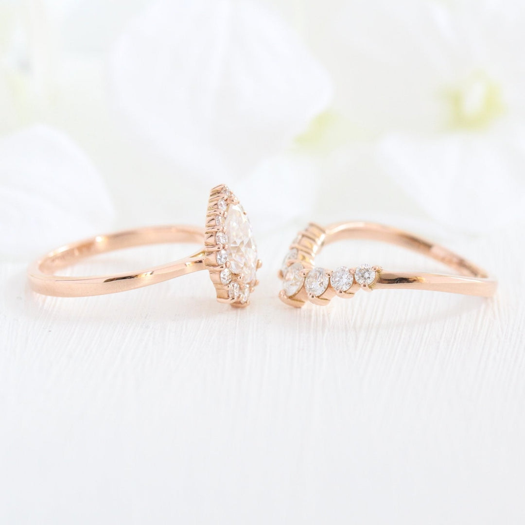 Pear cut moissanite with halo bridal band set 14k in rose gold