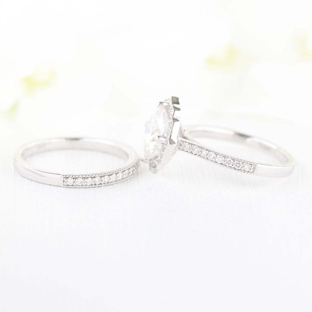 Vintage Floral Inspired Cushion Moissanite Ring With Milgrain Diamond Band