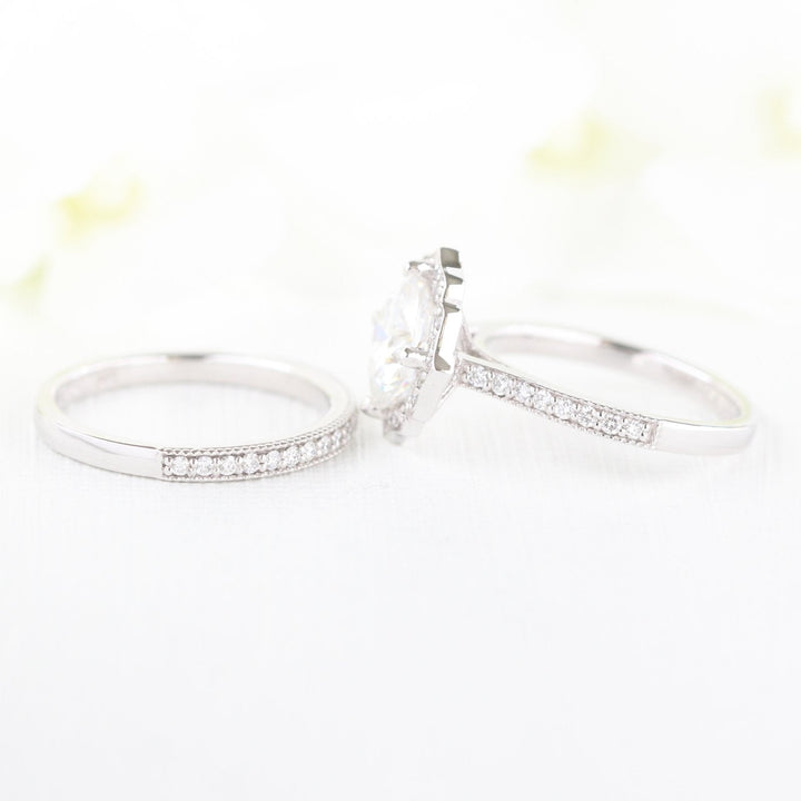 Vintage Floral Inspired Cushion Moissanite Ring With Milgrain Diamond Band