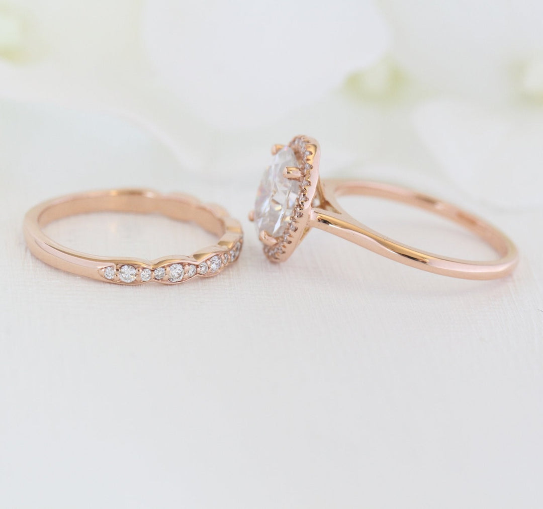 Oval Halo Moissanite Ring With Scalloped Diamond Band