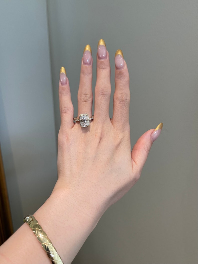 4.0CT Elongated Radiant Cut Three Side Pave Moissanite Diamond Engagement Ring