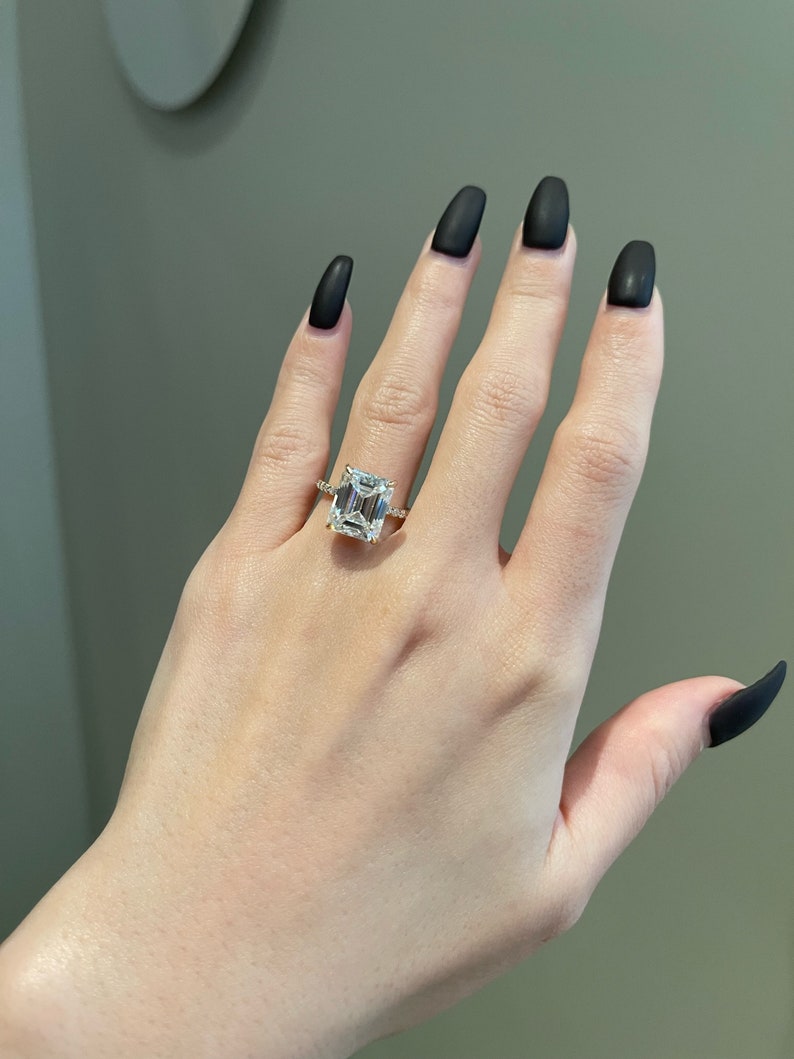 5.0CT Emerald Cut Diamond Hidden Halo Moissanite Engagement Ring