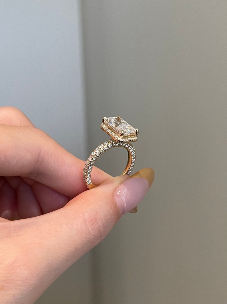 4.0CT Elongated Radiant Cut Three Side Pave Moissanite Diamond Engagement Ring