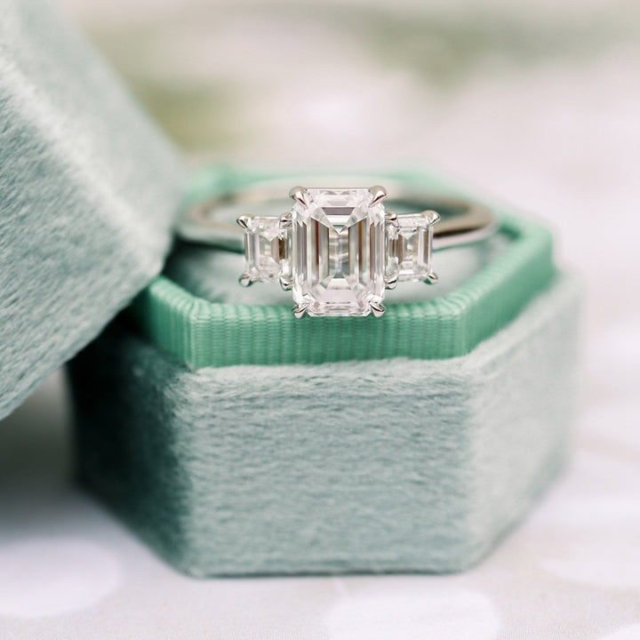 3.0CT Emerald Cut Moissanite Three Stone Diamond Engagement Ring