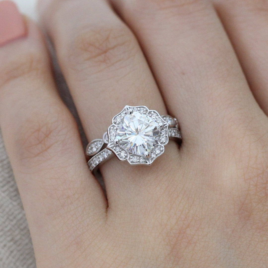 Vintage Floral Cushion Cut Bridal Set With Moissanite Milgrain Band