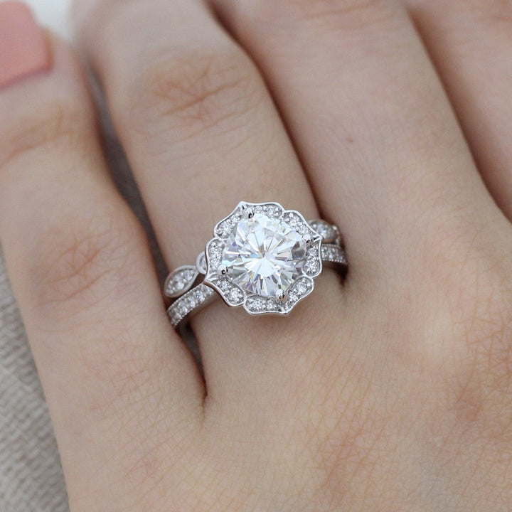 Vintage Floral Cushion Cut Bridal Set With Moissanite Milgrain Band