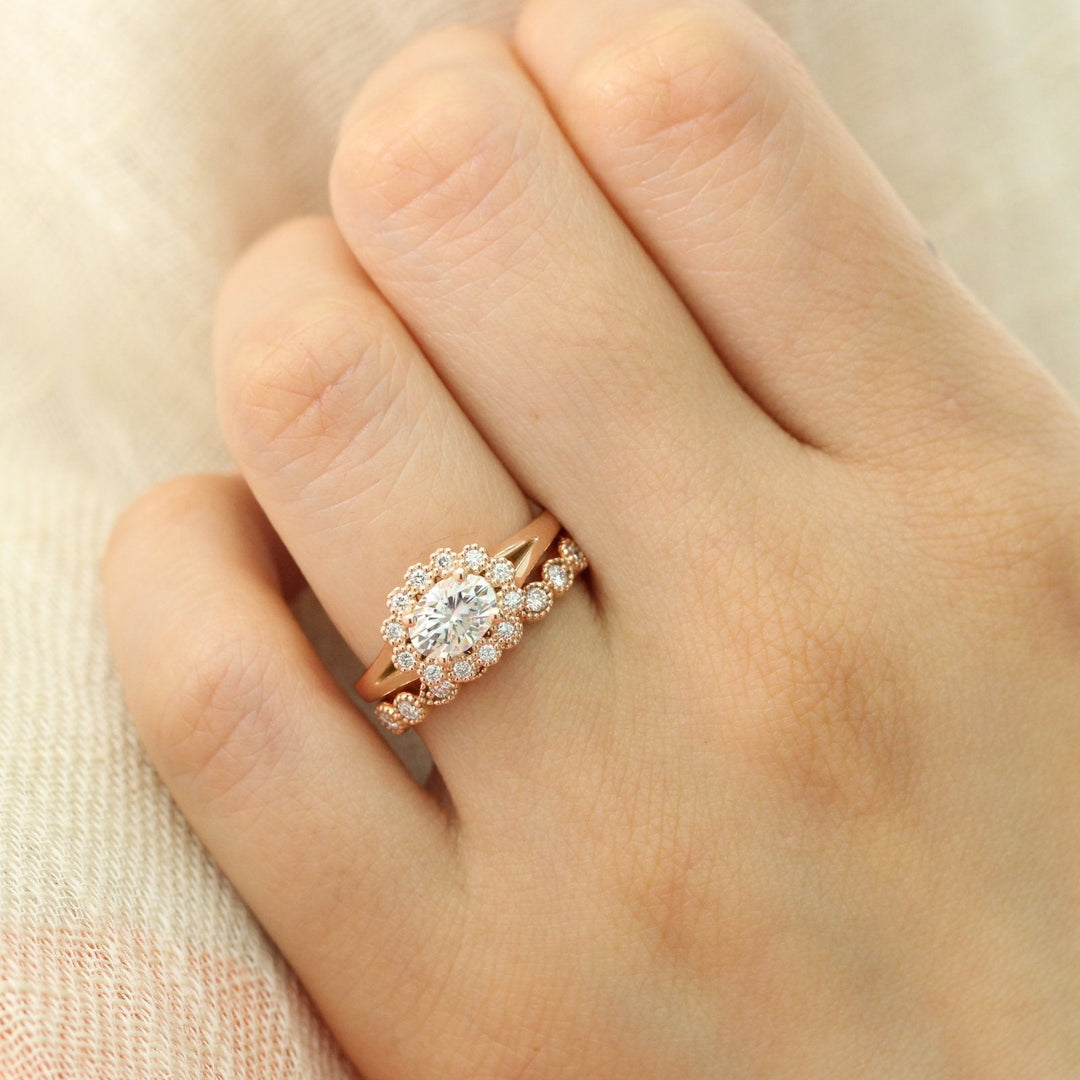 1.0ct Oval East-West Halo Engagement Ring With Bezel Wedding Band