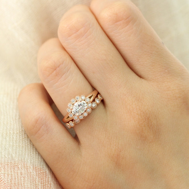 1.0ct Oval East-West Halo Engagement Ring With Bezel Wedding Band