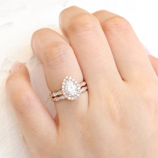 Pear cut moissanite with halo bridal band set 14k in rose gold