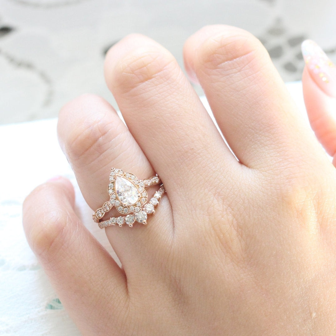 Pear cut moissanite with bridal band set 14k in rose gold
