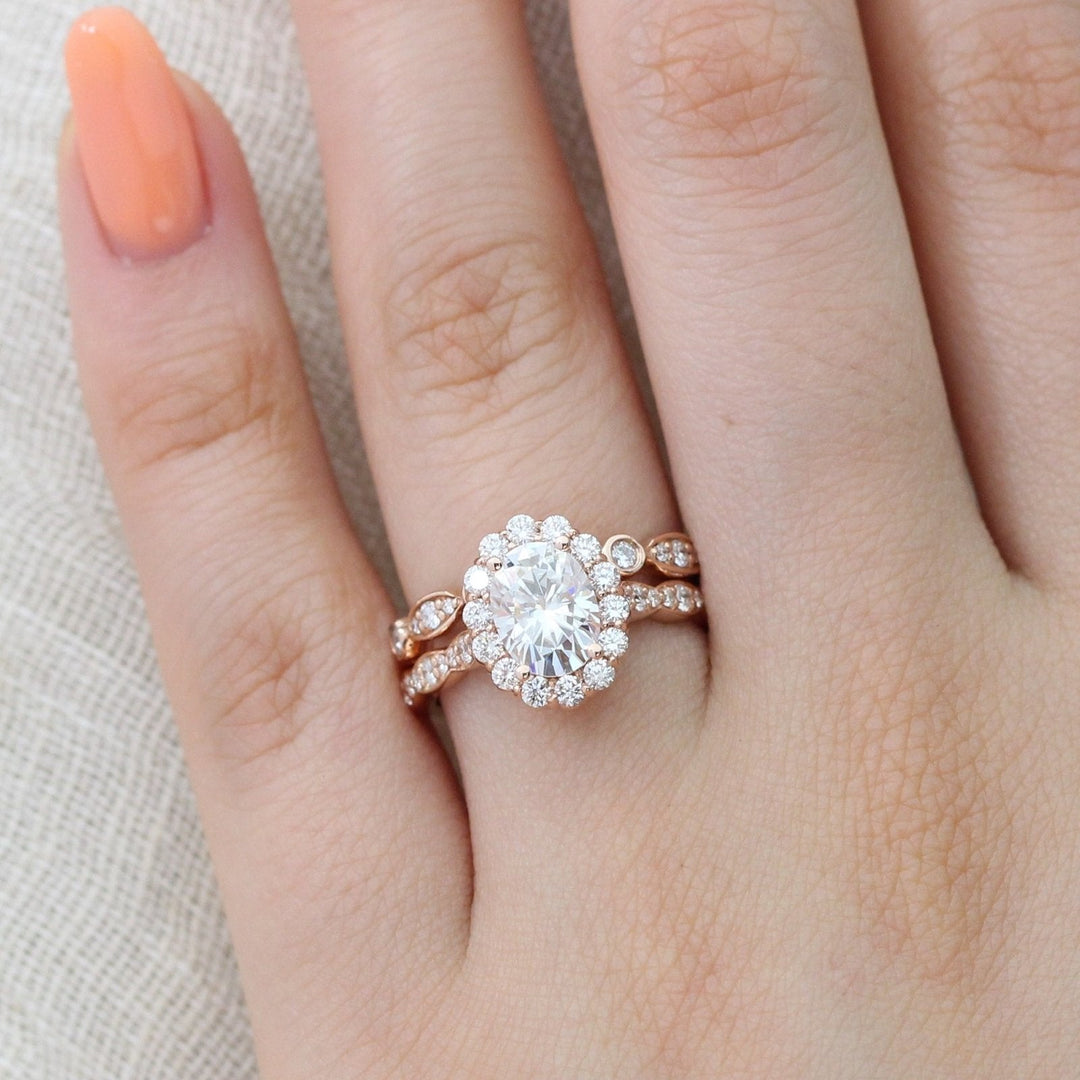 1.50ct Oval Moissanite Halo Engagement Ring With Matching Diamond Band