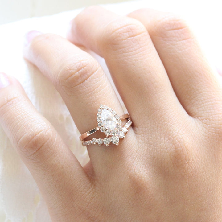 Pear cut moissanite with pave bridal band set 14k in rose gold