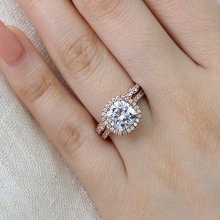 Cushion Halo Pave Moissanite Ring With Scalloped Diamond Band