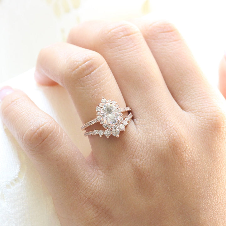 Oval cut moissanite with halo bridal band set 14k in rose gold