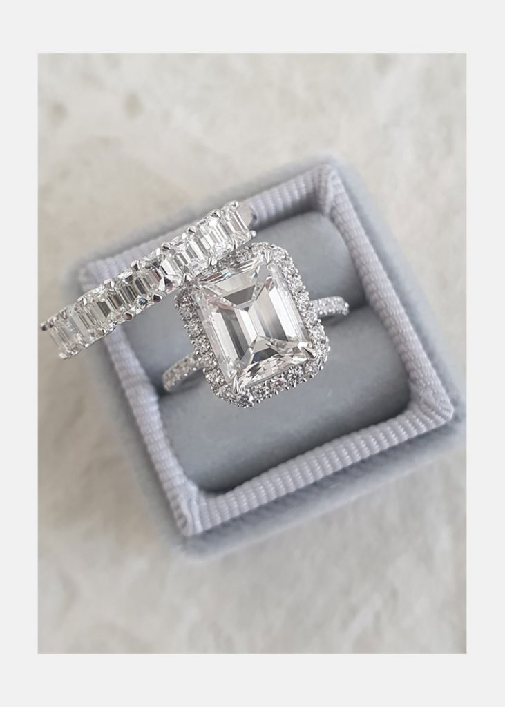 3.0ct Emerald Cut Moissanite Diamond Halo Engagement Ring