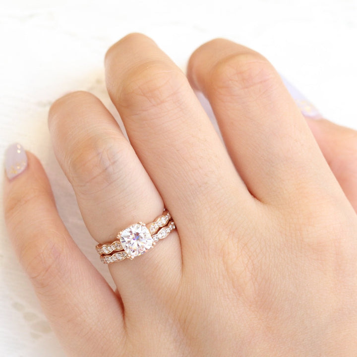 Cushion Cut Moissanite Ring With Halo Diamond Band