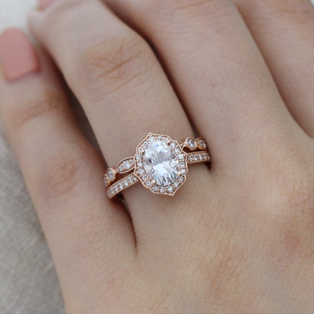 1.50ct Oval Cut Moissanite Unique Halo Ring With Bezel Wedding Band