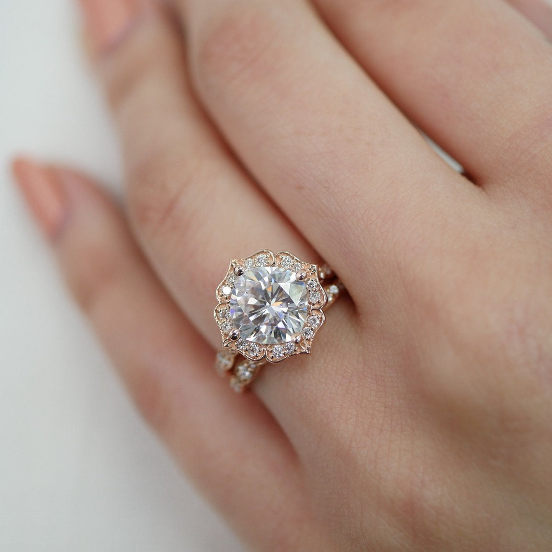 Round Floral moissanite with bridal band set 14k in rose gold