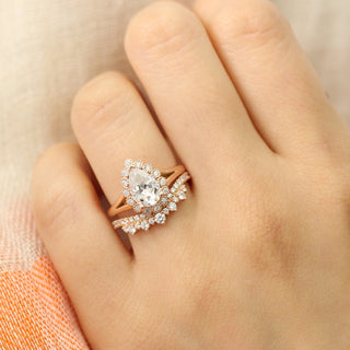 Pear Cut Halo Moissanite Ring With Crown Diamond Band
