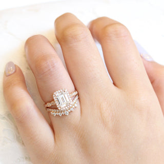 Emerald Cut Moissanite Ring With Crown Diamond Band Ring