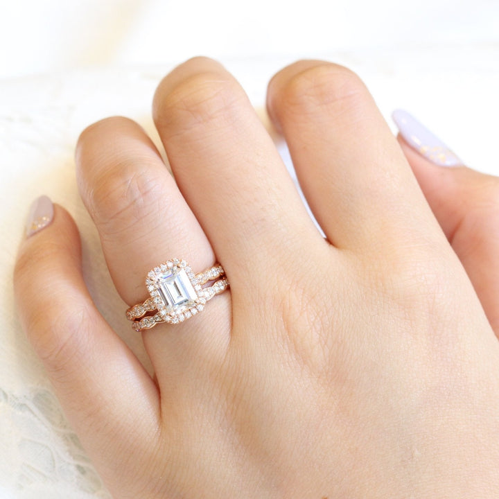 1.60ct Emerald Cut Moissanite Halo Engagement Ring with Match Wedding Band
