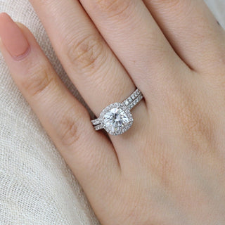 Cushion Cut Halo Pave Moissanite Ring With Diamond Band Ring