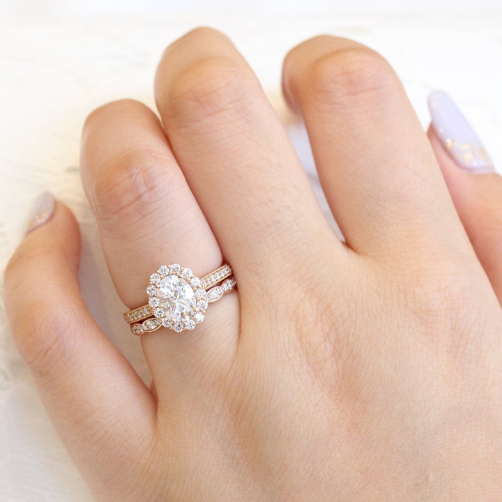 1.50ct Oval Cut Moissanite Halo Ring With Unique Matching Wedding Band