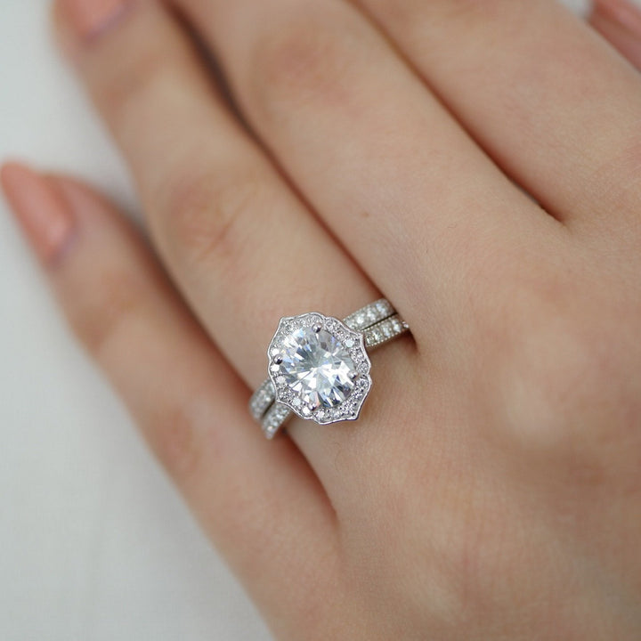 1.50ct Oval Moissanite Halo Engagement Ring Match with Channel Set Band