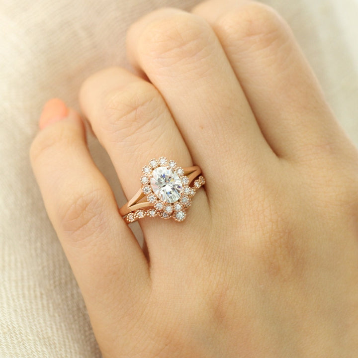 Oval cut moissanite with halo bridal band set 14k in rose gold