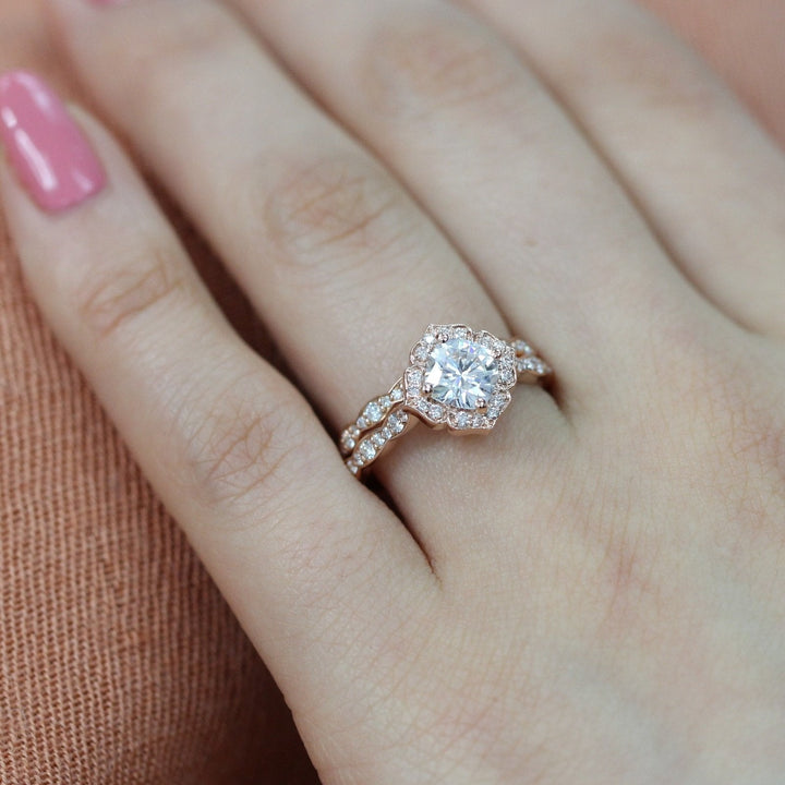 Cushion cut moissanite with bridal band set 14k in rose gold