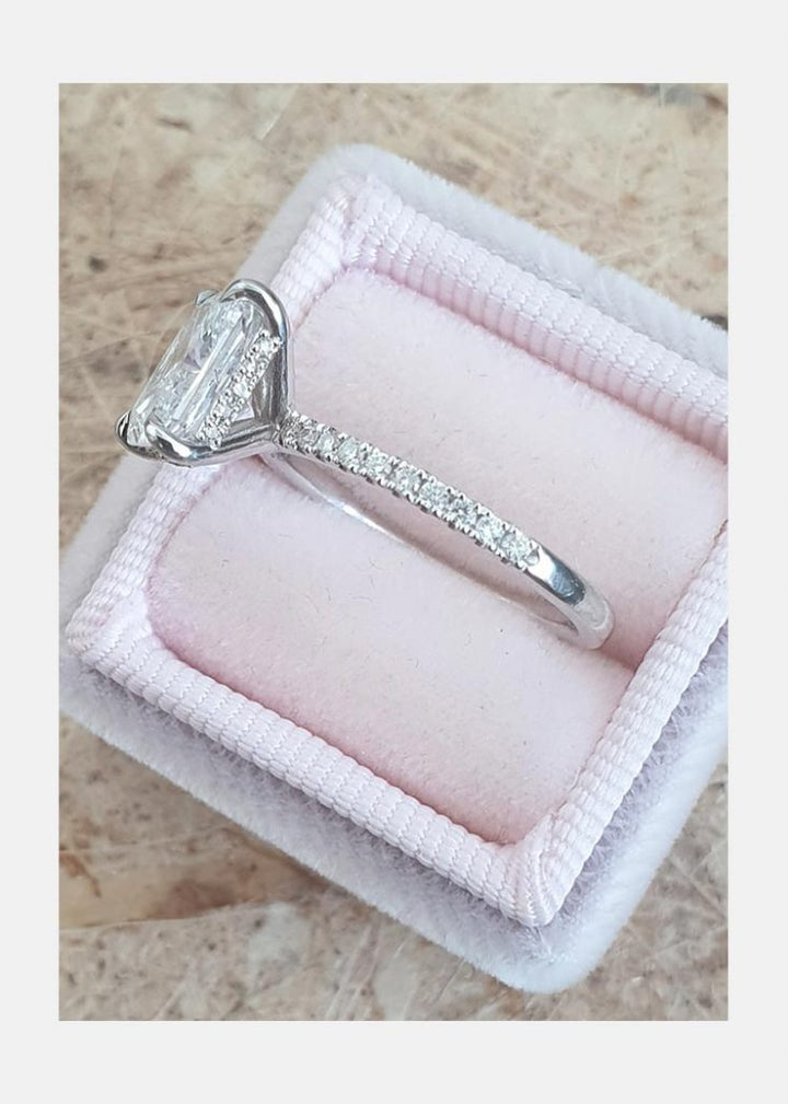 2.0ct Radiant Cut Hidden Halo Moissanite Diamond Engagement Ring in 14K White Gold 