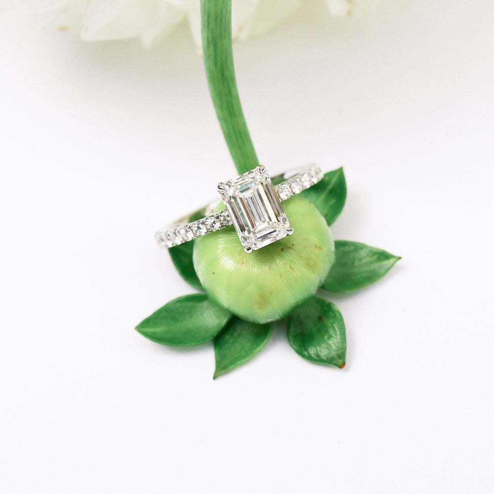 1.50CT Emerald Cut Moissanite Petite Pave Diamond Engagement Ring